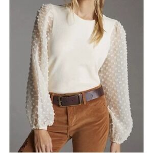 Anthropologie Maeve Textured-Sleeve Top Womens Small Cream Romantic Boho Blouse